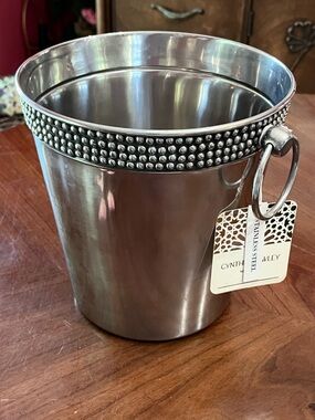 NWT Cynthia Rowley Stainless Steel Ice Bucket w/ Beaded Rim & Loop Handles